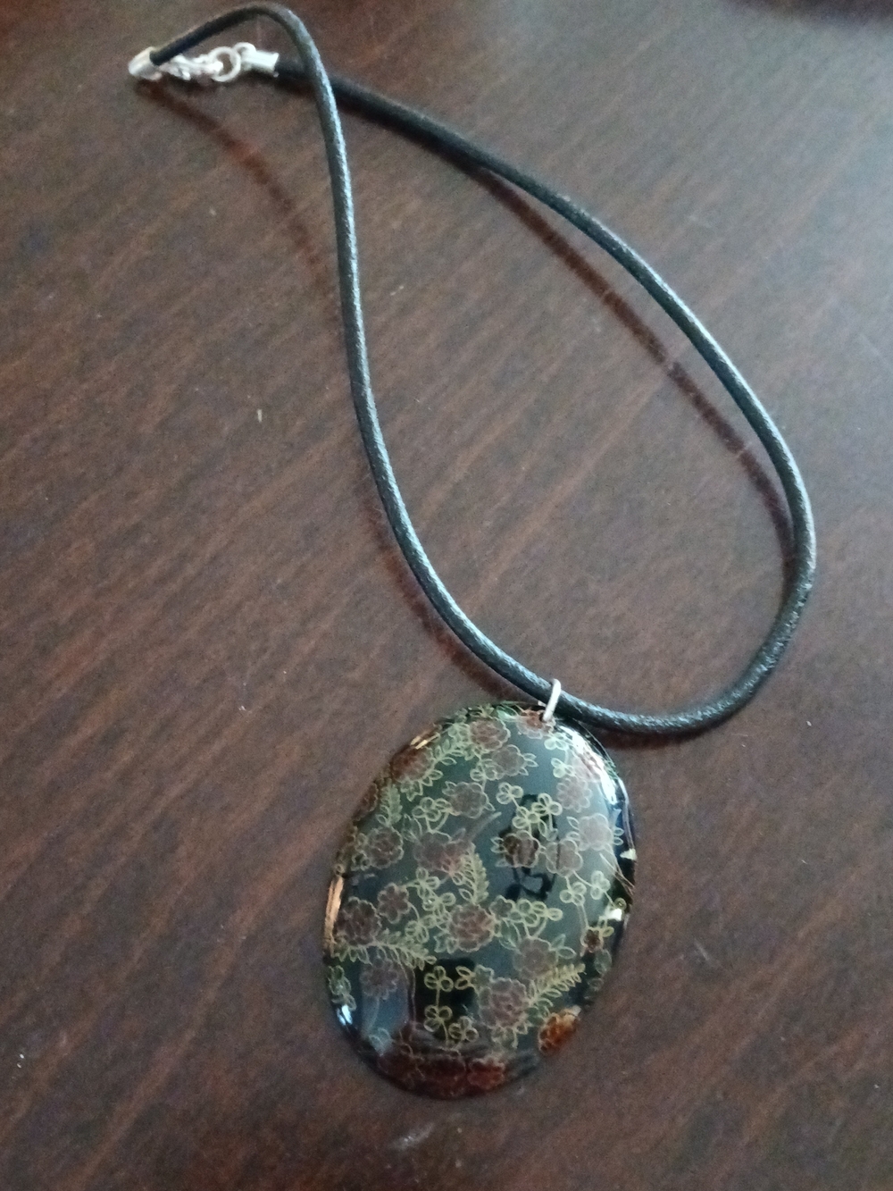 Floral Dome Oval Shaped Pendant Necklace on Leather Cord with Lobster Clasp